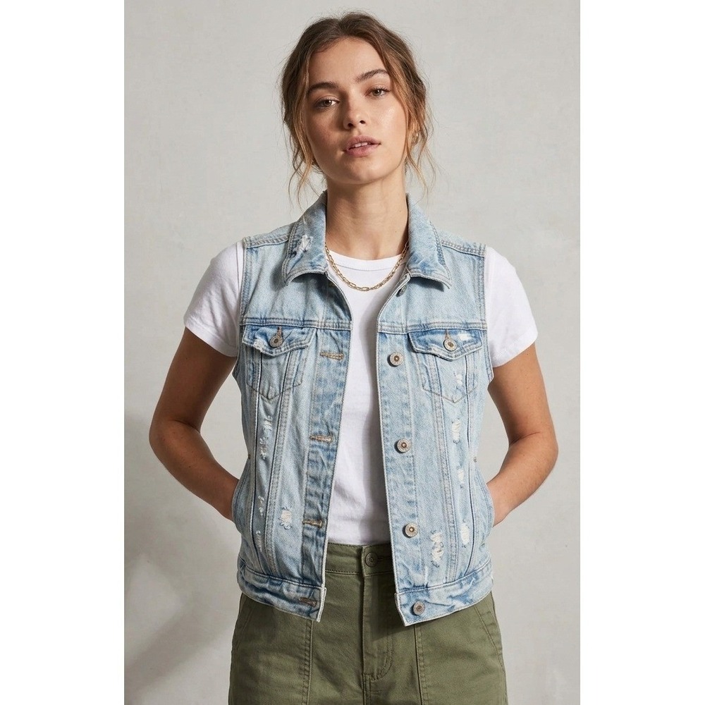 Hollister Y2k Grunge 90s Distressed Light‎ Wash Denim Jean Vest Women XS